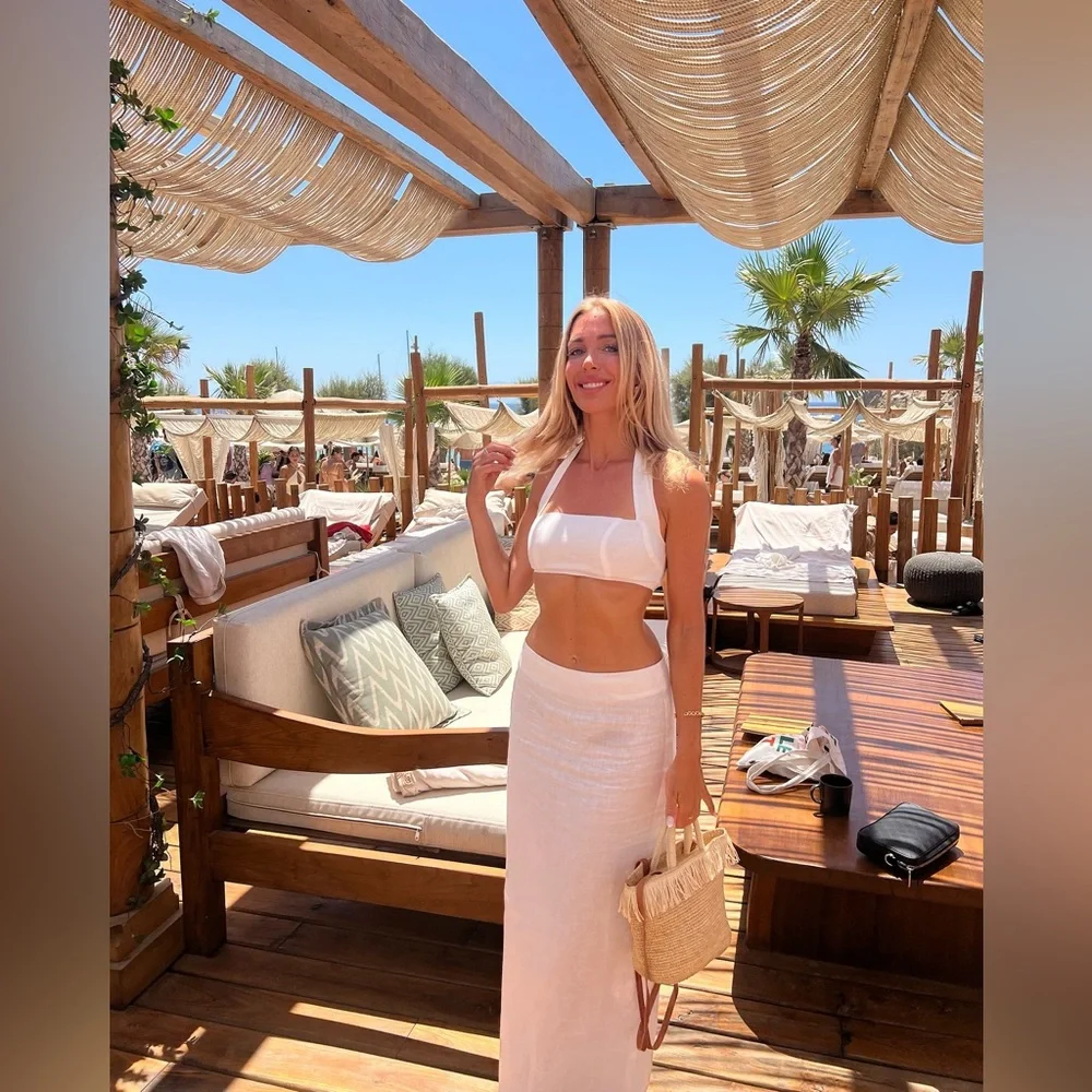 Monday swimwear white linen Montserrat crop top and Fontelina maxi skirt P XS - Picture 5 of 9